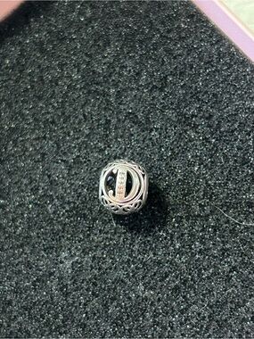 Sterling Silver Filigree Charm Bead with Crystal Accent - Silver letter D